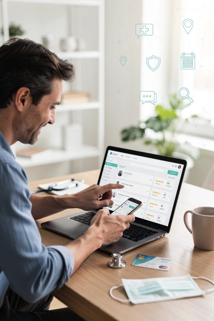un homme se tient face à son téléphone et à son ordinateur et veut prendre rdv auprès d'un médecin